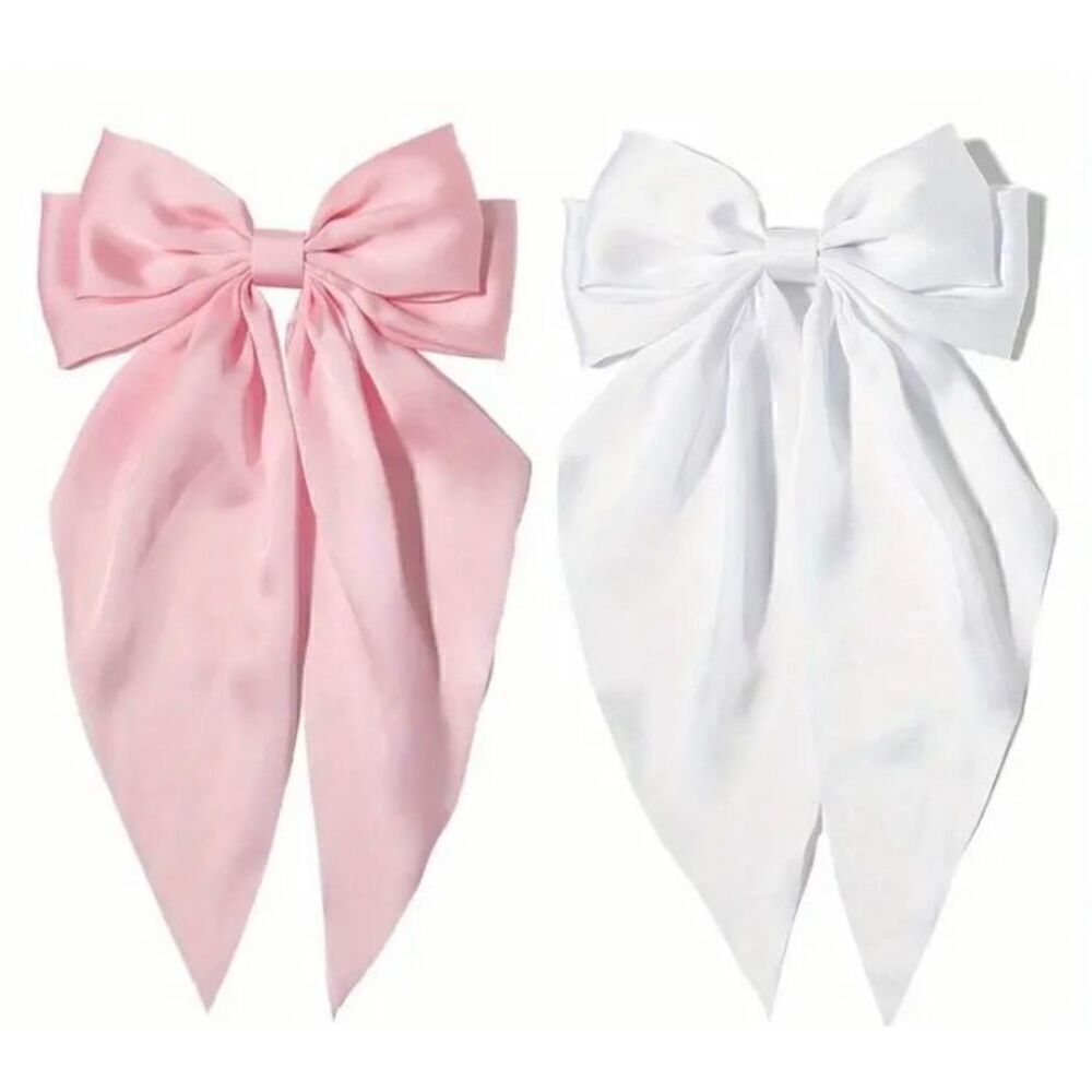 NWT 2 PC Pink White Ribbon Silky Satin Versatile Hair Bow Barretts